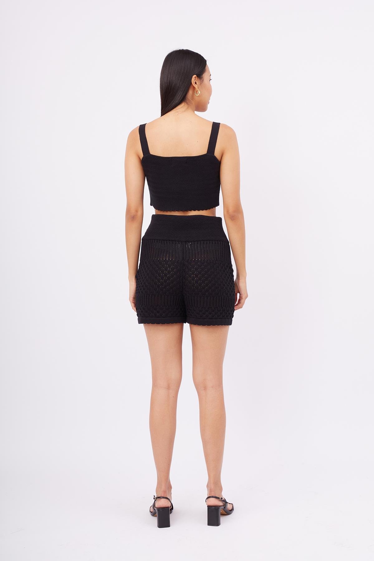 Peraluna IRIS SHORT Ajur Örgü Beli Lastikli Rahat Kesim Kadın Triko Şort - Siyah