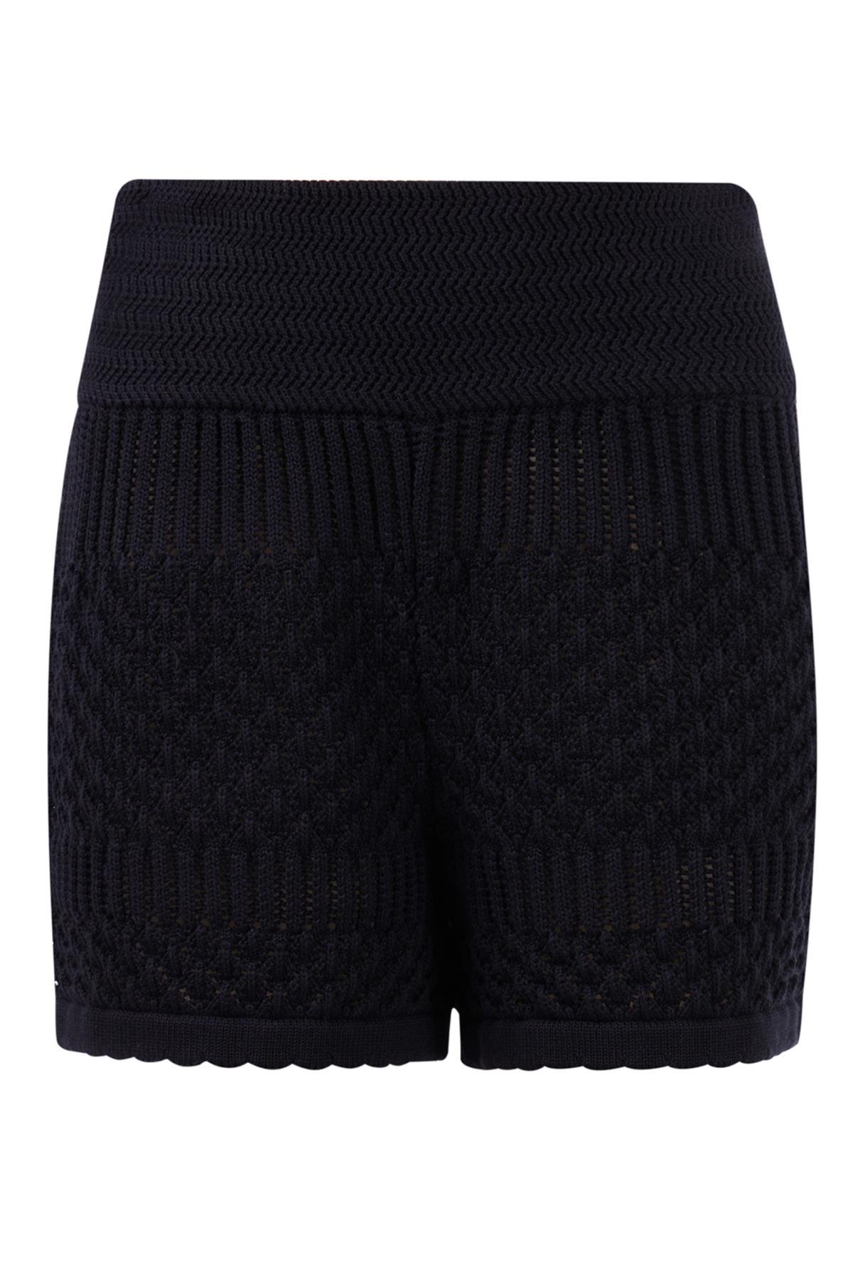 Peraluna IRIS SHORT Ajur Örgü Beli Lastikli Rahat Kesim Kadın Triko Şort - Siyah