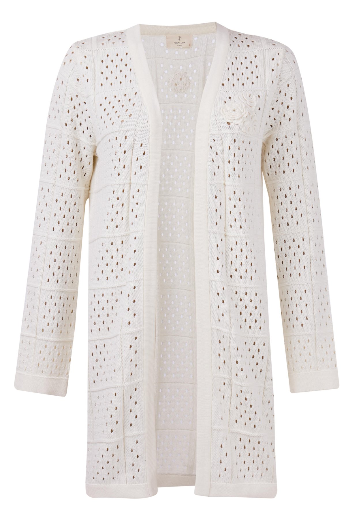 Peraluna ISABEL CARDİGAN Ajur Örgü El Yapımı Broş Detaylı Düz Kesim Kadın Triko Hırka - Ekru