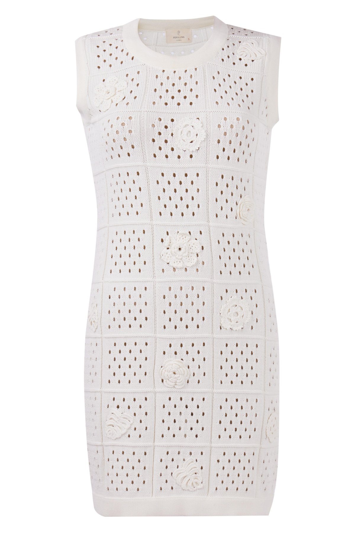 Peraluna ISABEL DRESS Ajur Örgü El Yapımı Çiçek Detaylı Düz Kesim Kolsuz Kadın Triko Elbise - Ekru