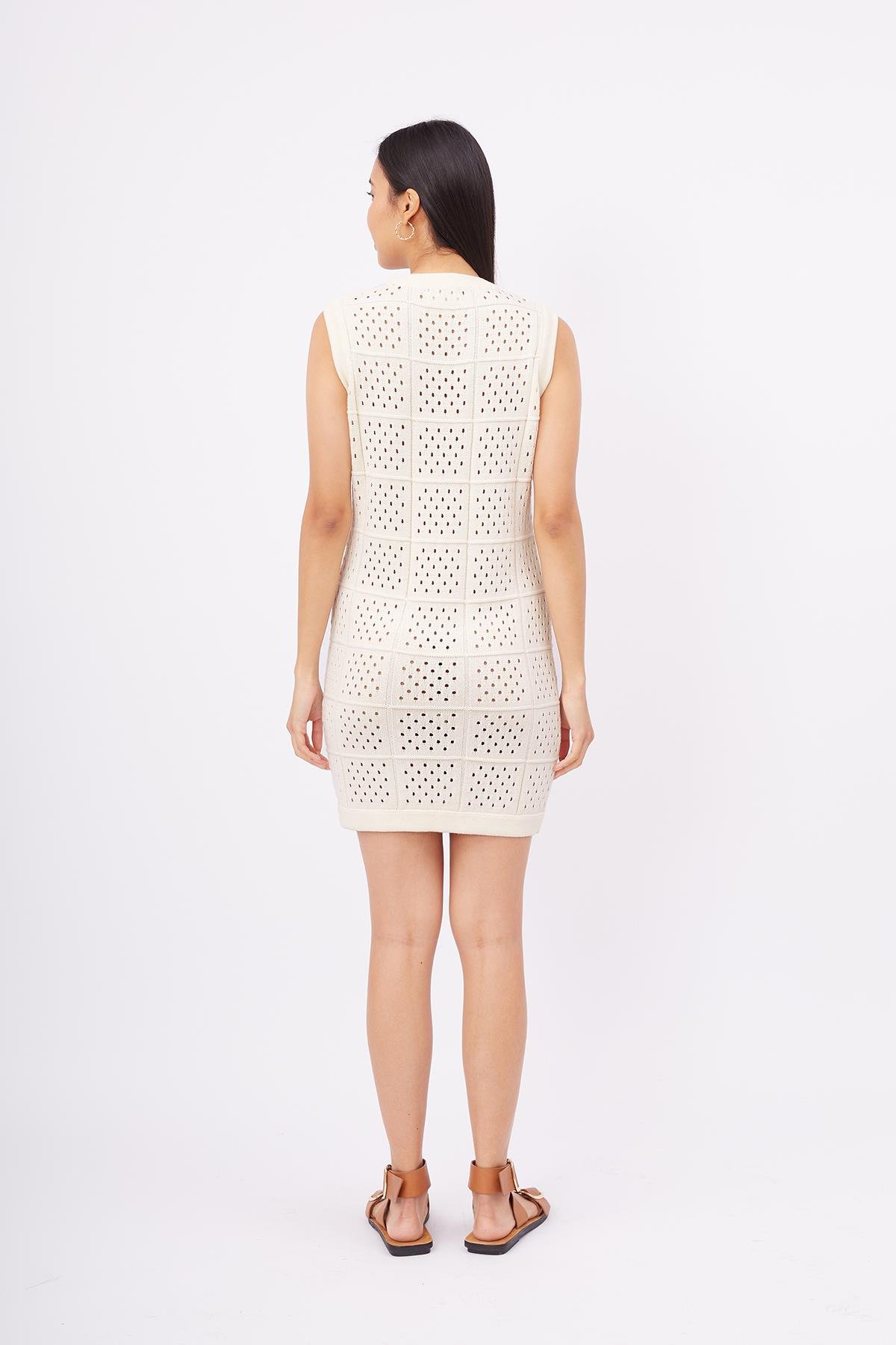 Peraluna ISABEL DRESS Ajur Örgü El Yapımı Çiçek Detaylı Düz Kesim Kolsuz Kadın Triko Elbise - Ekru