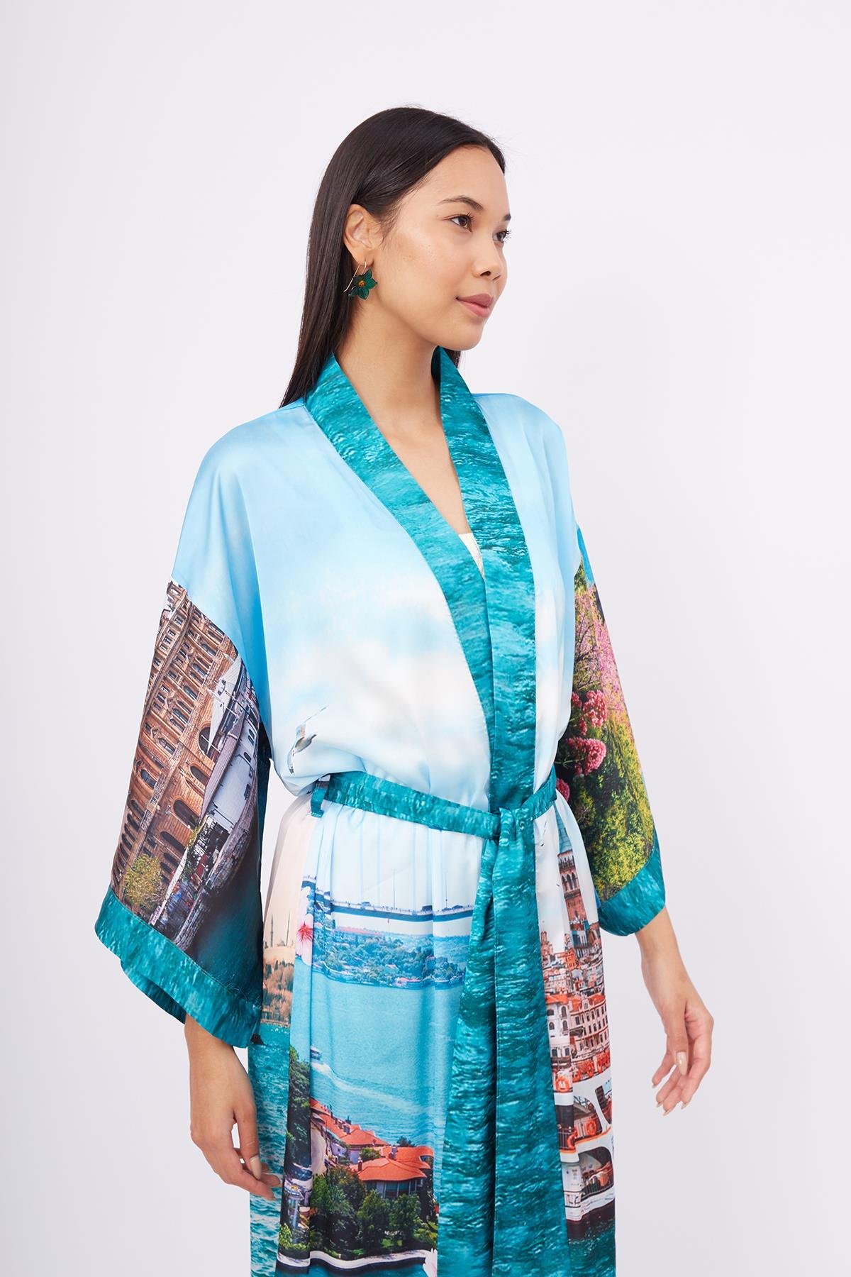 Peraluna ISTANBUL KIMONO İstanbul Manzara Baskılı 125 CM Uzun Saten Kadın Kimono - Çok Renkli