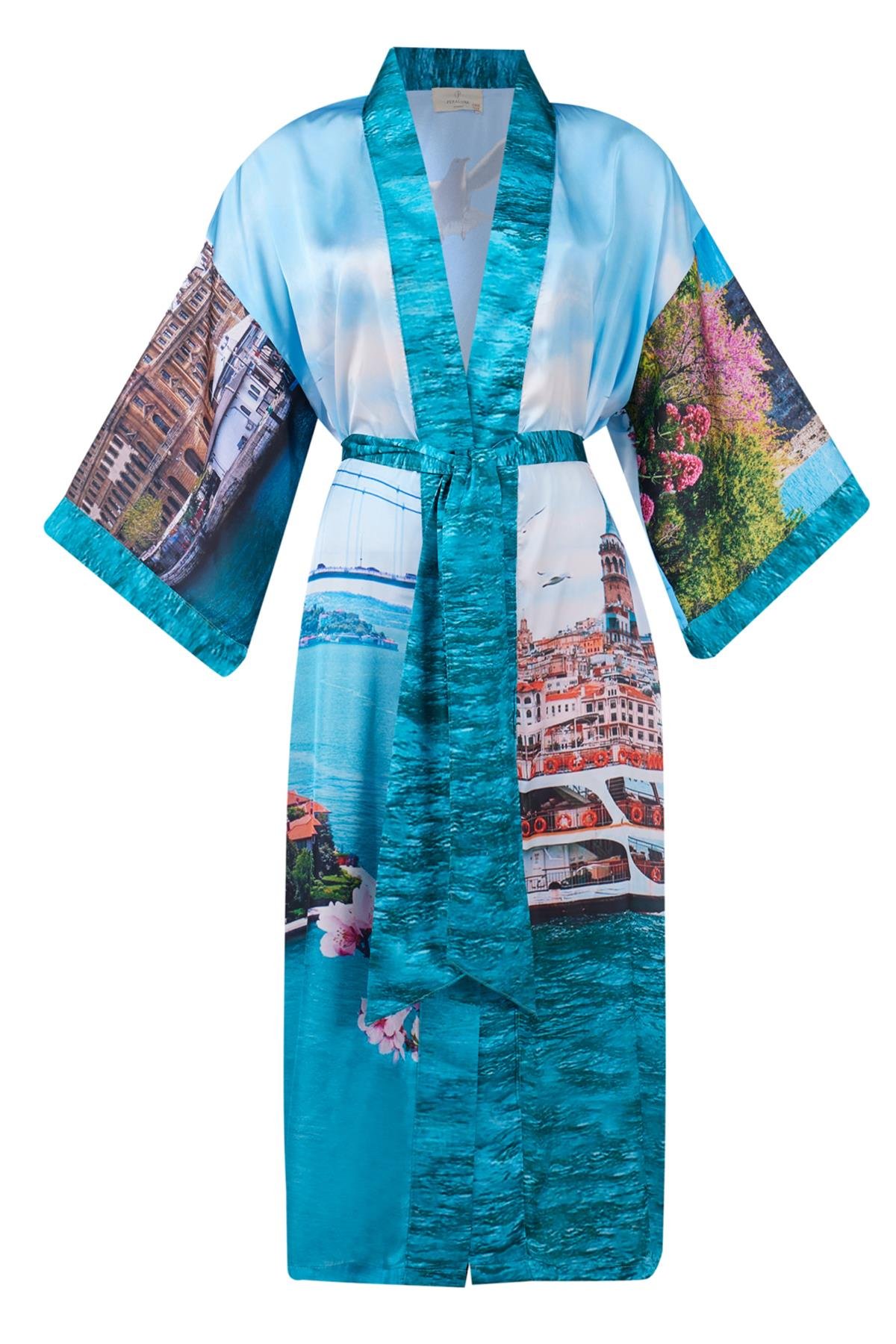 Peraluna ISTANBUL KIMONO İstanbul Manzara Baskılı 125 CM Uzun Saten Kadın Kimono - Çok Renkli
