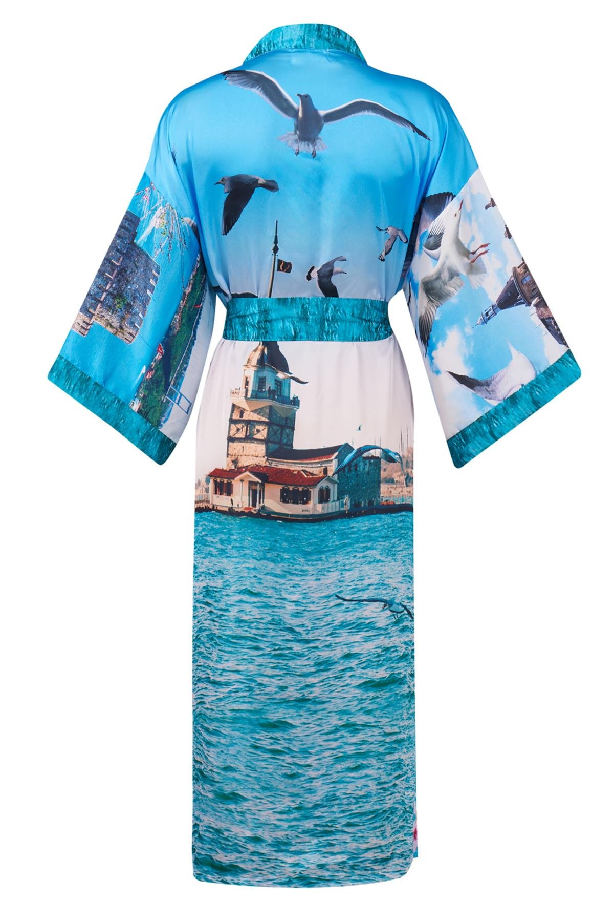 Peraluna ISTANBUL KIMONO İstanbul Manzara Baskılı 125 CM Uzun Saten Kadın Kimono - Çok Renkli