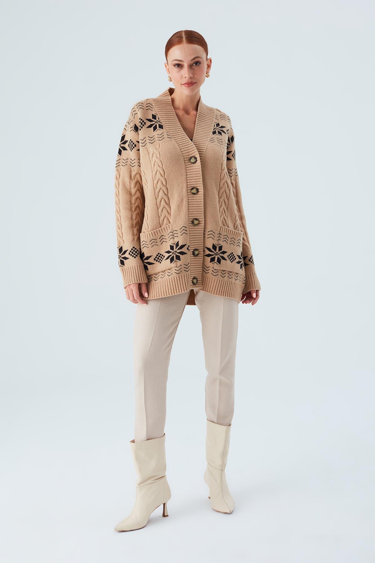 Peraluna IVORY CARDIGAN Jakarlı Cepli Uzun Kadın Triko Hırka Camel