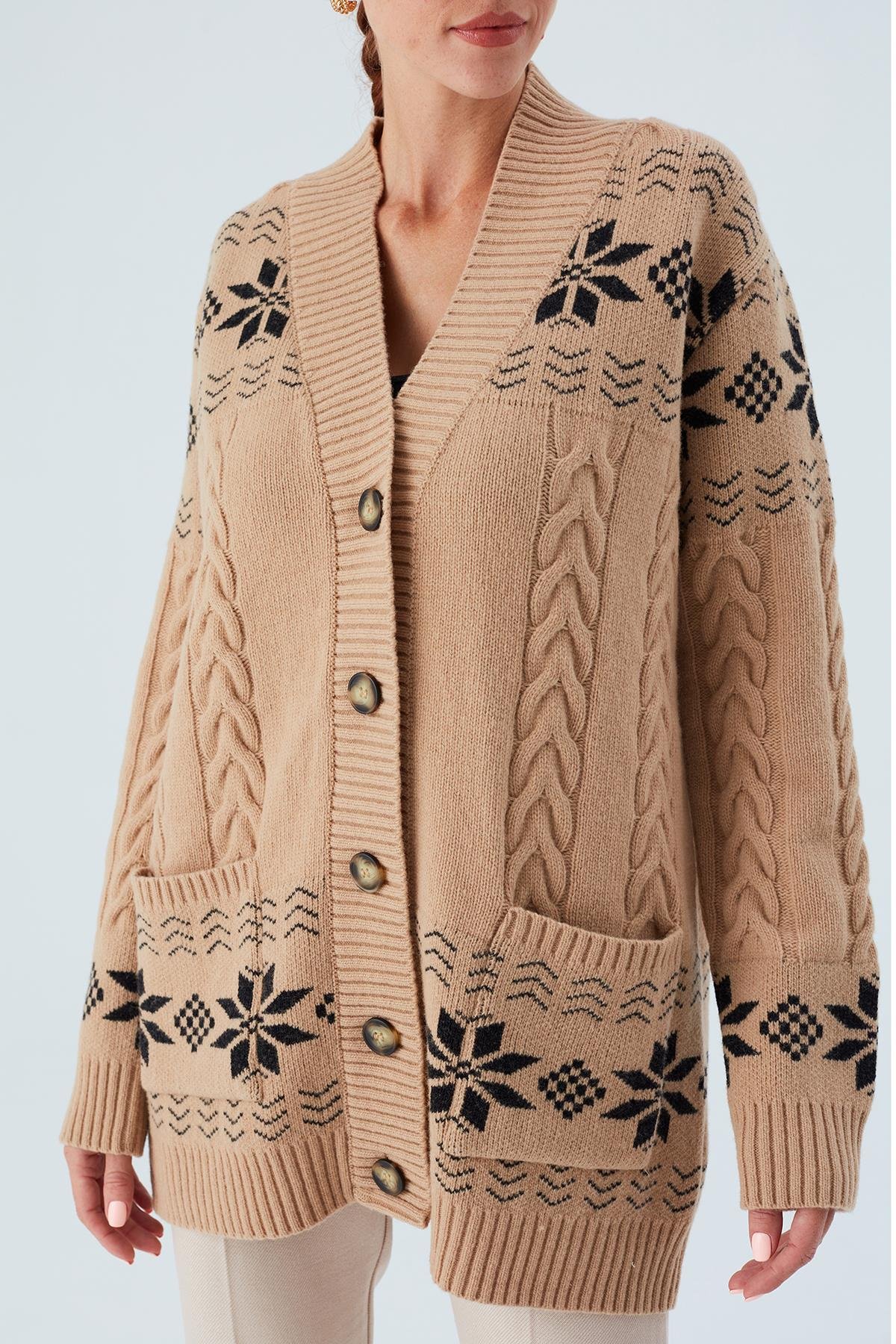Peraluna IVORY CARDIGAN Jakarlı Cepli Uzun Kadın Triko Hırka Camel