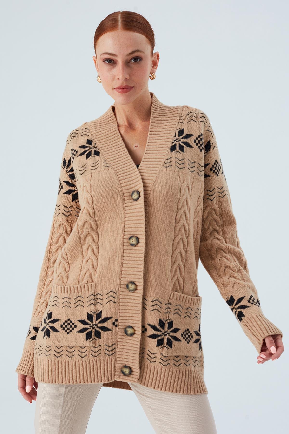 Peraluna IVORY CARDIGAN Jakarlı Cepli Uzun Kadın Triko Hırka Camel