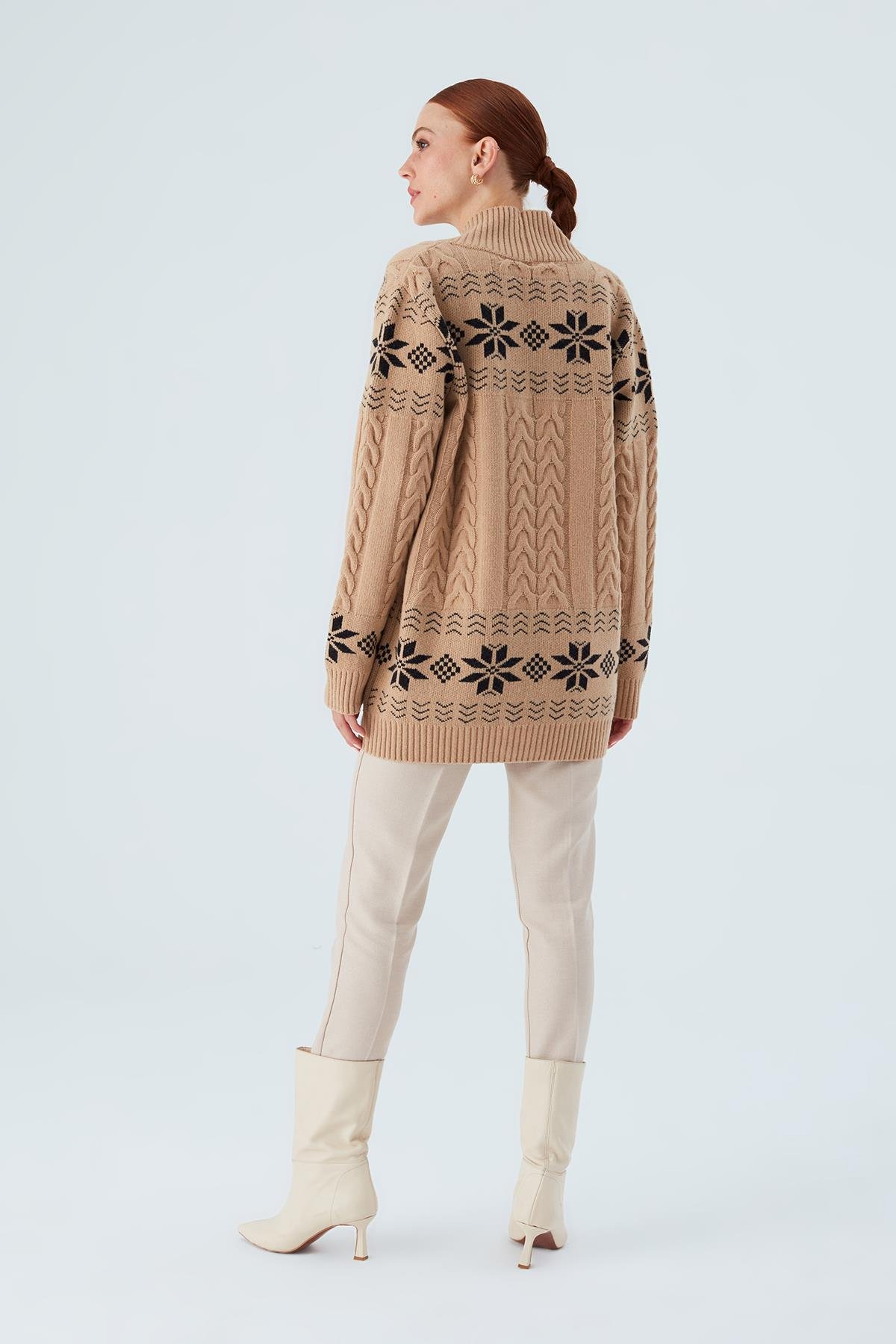 Peraluna IVORY CARDIGAN Jakarlı Cepli Uzun Kadın Triko Hırka Camel