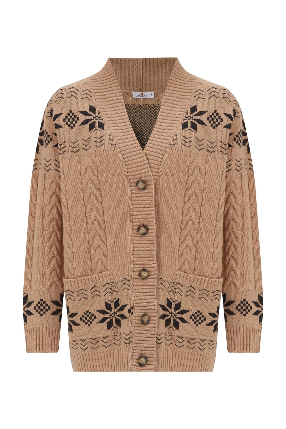 Peraluna IVORY CARDIGAN Jakarlı Cepli Uzun Kadın Triko Hırka Camel
