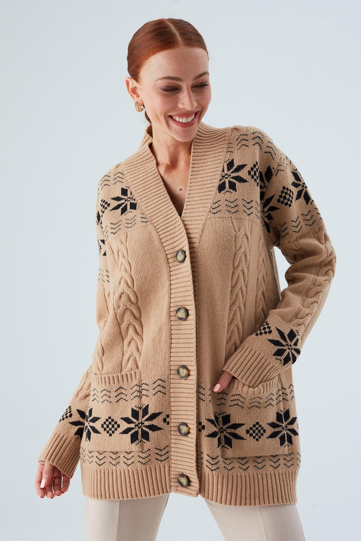 Peraluna IVORY CARDIGAN Jakarlı Cepli Uzun Kadın Triko Hırka Camel