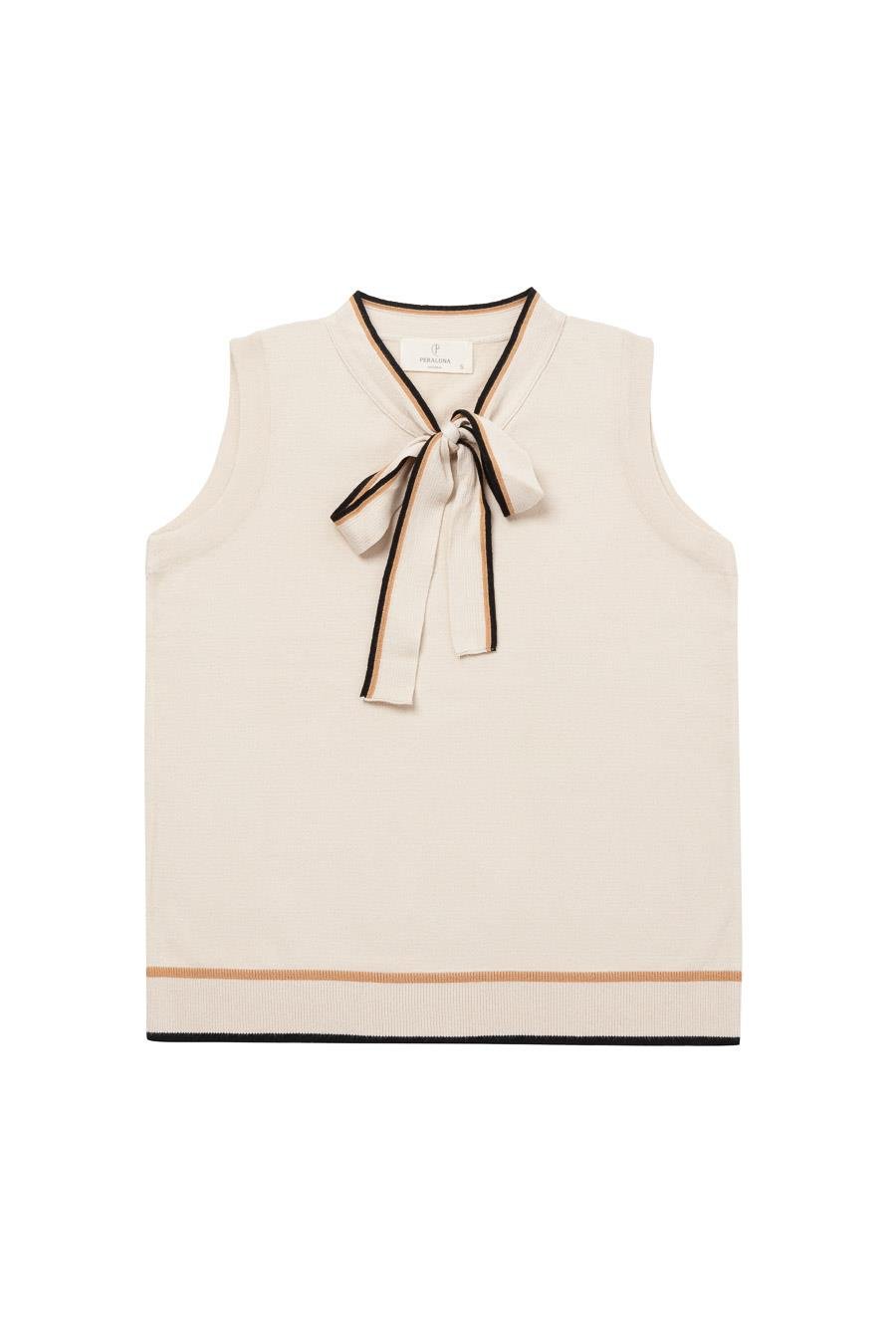 Peraluna JANETTE BLOUSE Çizgi Detaylı Fiyonklu Kolsuz Kadın Triko Bluz - Bej