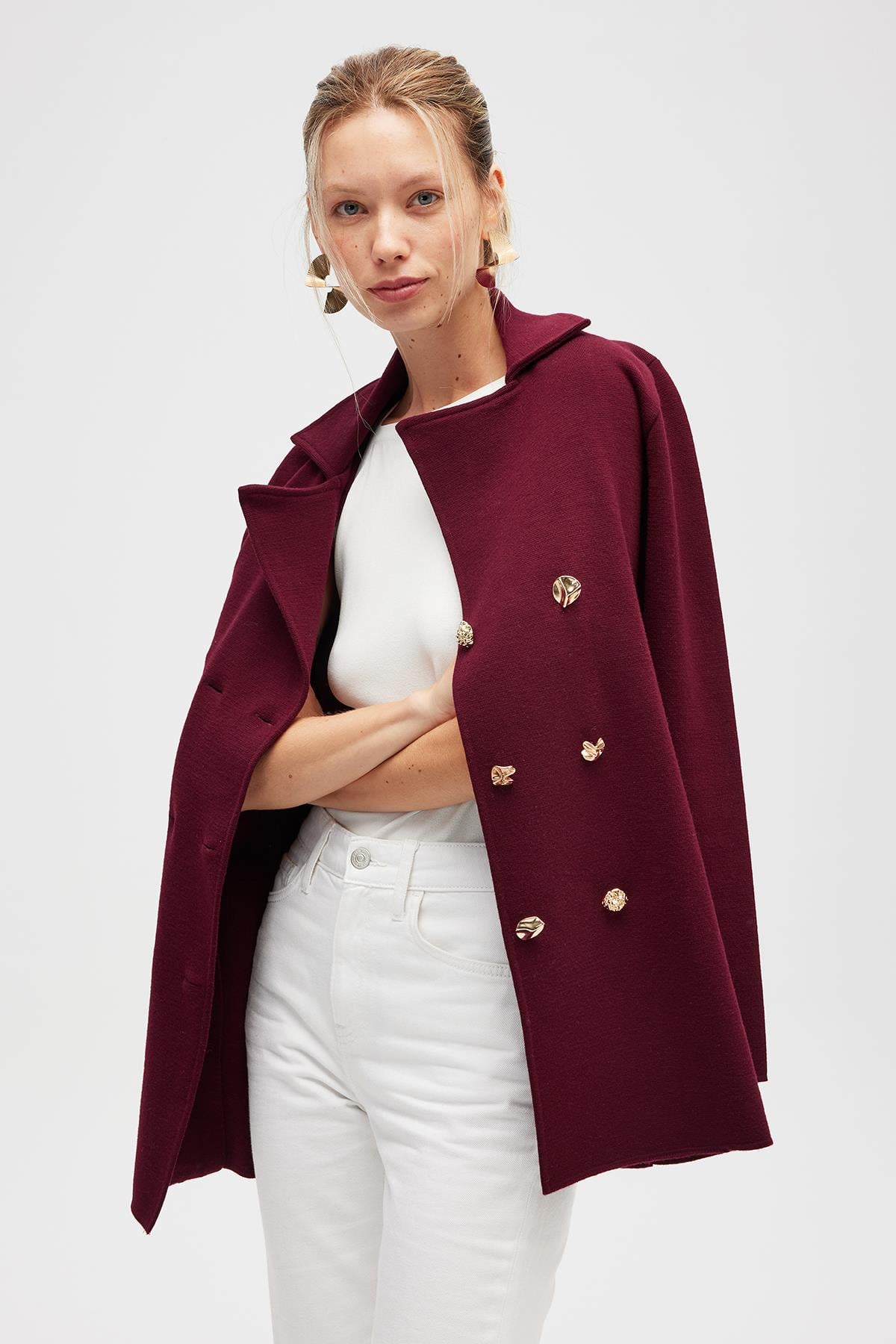 PERALUNA Jisha, Kadın Örme Triko Blazer Ceket - Bordo