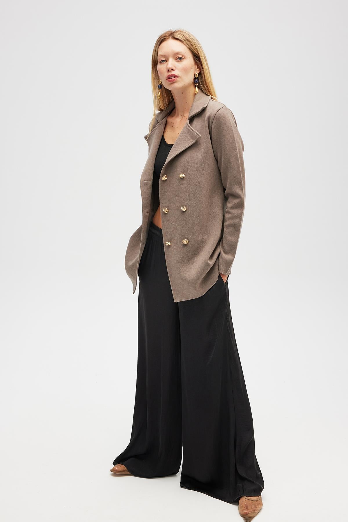 PERALUNA Jisha, Kadın Örme Triko Blazer Ceket - Vizon