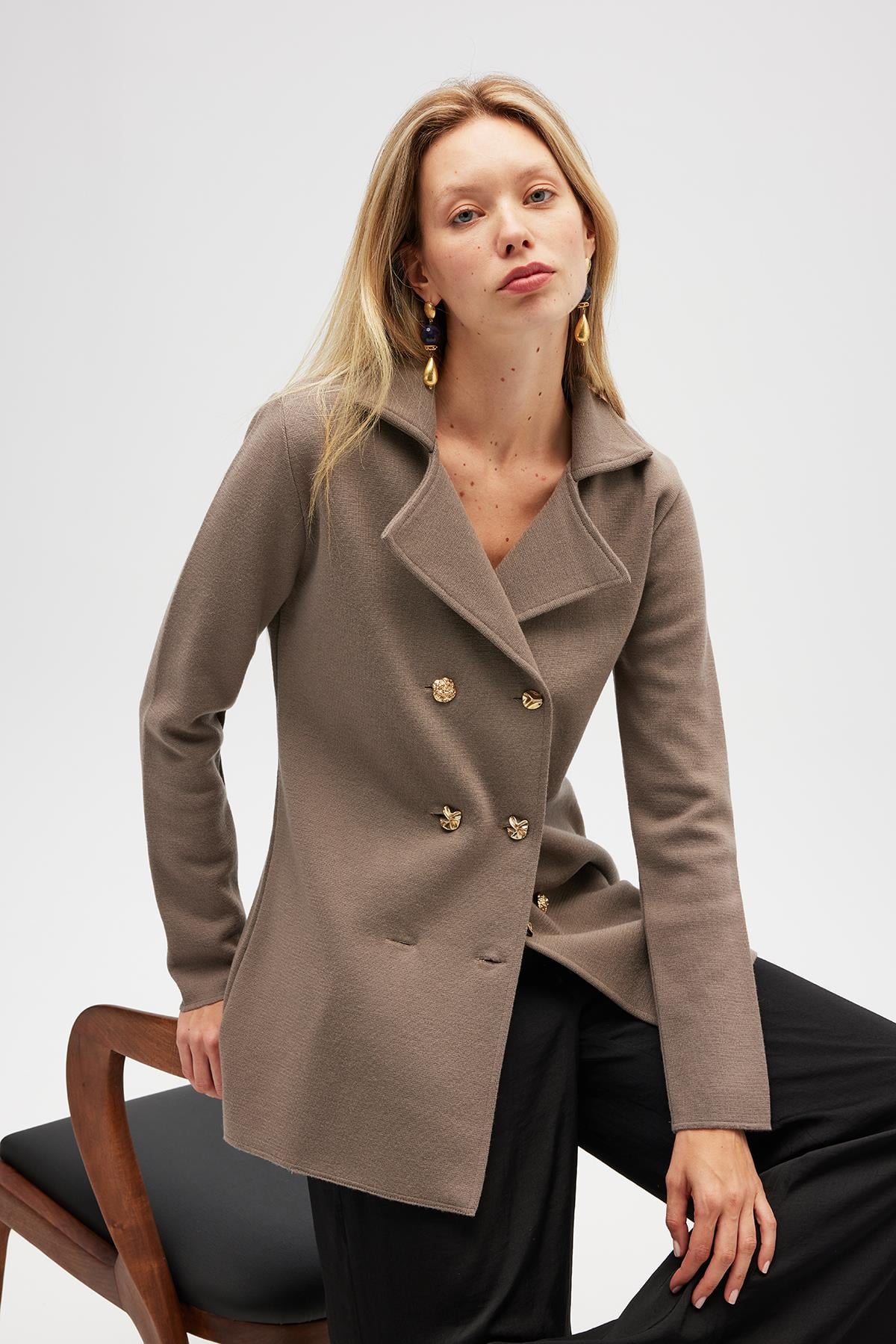 PERALUNA Jisha, Kadın Örme Triko Blazer Ceket - Vizon