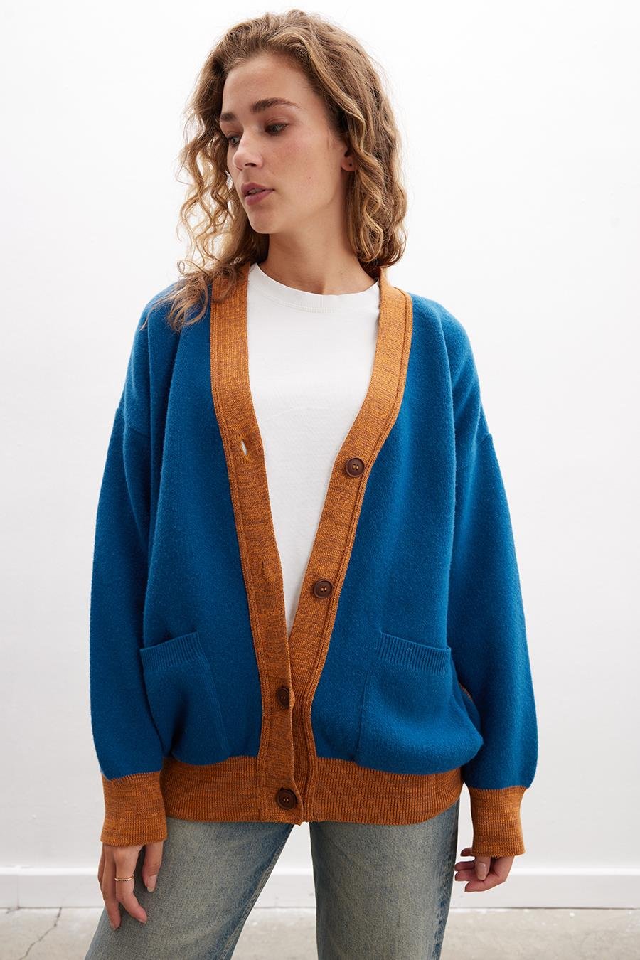 Peraluna JOSEPHINE CARDIGAN V Yaka Jakarlı Geniş Kesim Organik Pamuk-Yün Karışım Kadın Triko Hırka - Multi