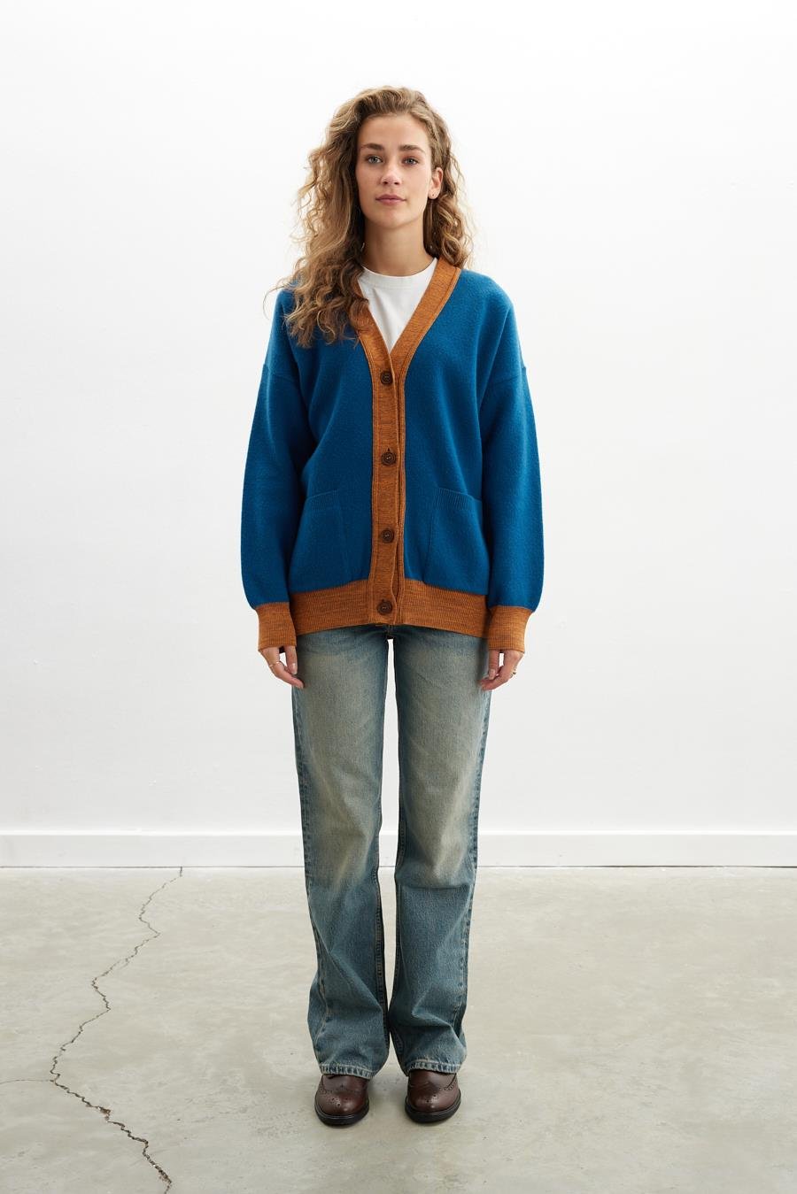 Peraluna JOSEPHINE CARDIGAN V Yaka Jakarlı Geniş Kesim Organik Pamuk-Yün Karışım Kadın Triko Hırka - Multi