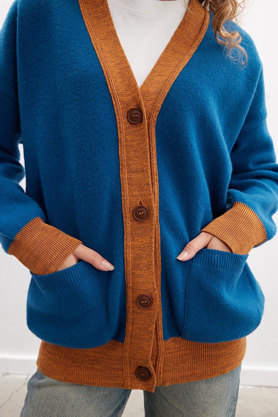 Peraluna JOSEPHINE CARDIGAN V Yaka Jakarlı Geniş Kesim Organik Pamuk-Yün Karışım Kadın Triko Hırka - Multi