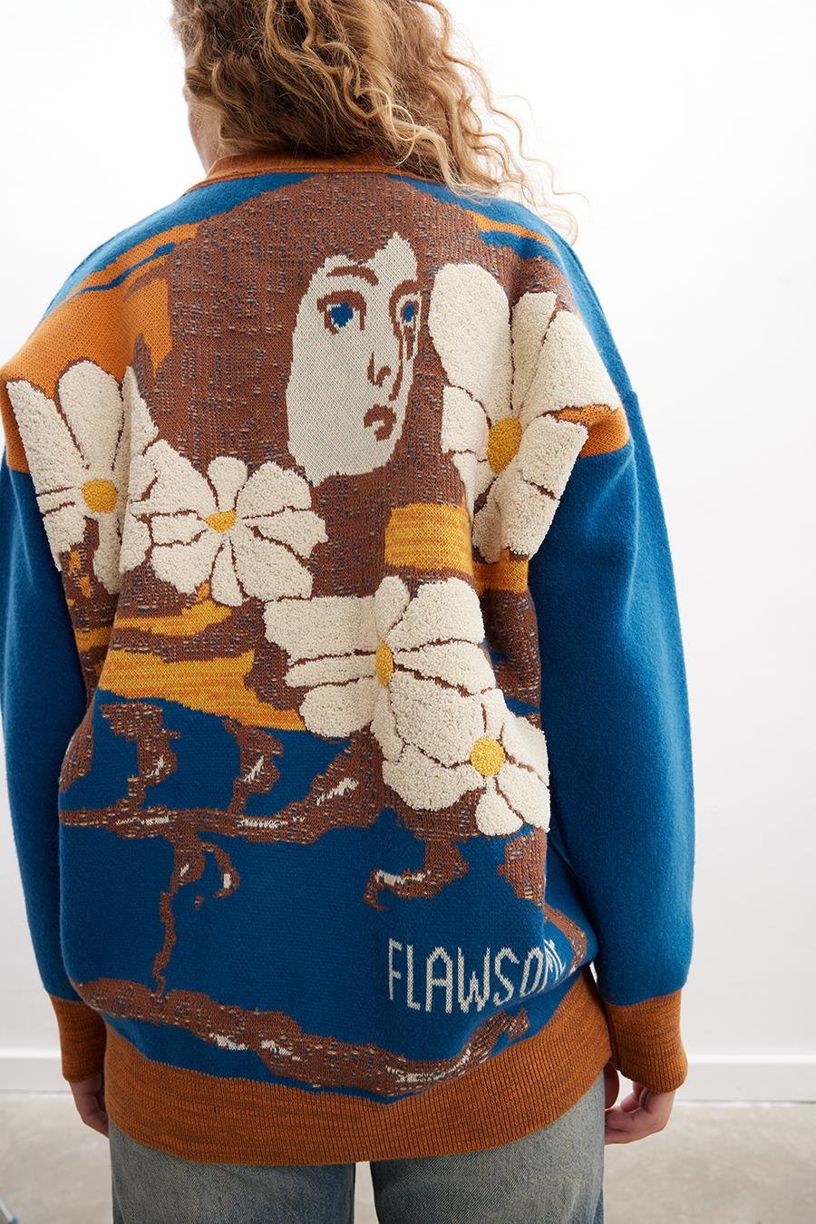 Peraluna JOSEPHINE CARDIGAN V Yaka Jakarlı Geniş Kesim Organik Pamuk-Yün Karışım Kadın Triko Hırka - Multi