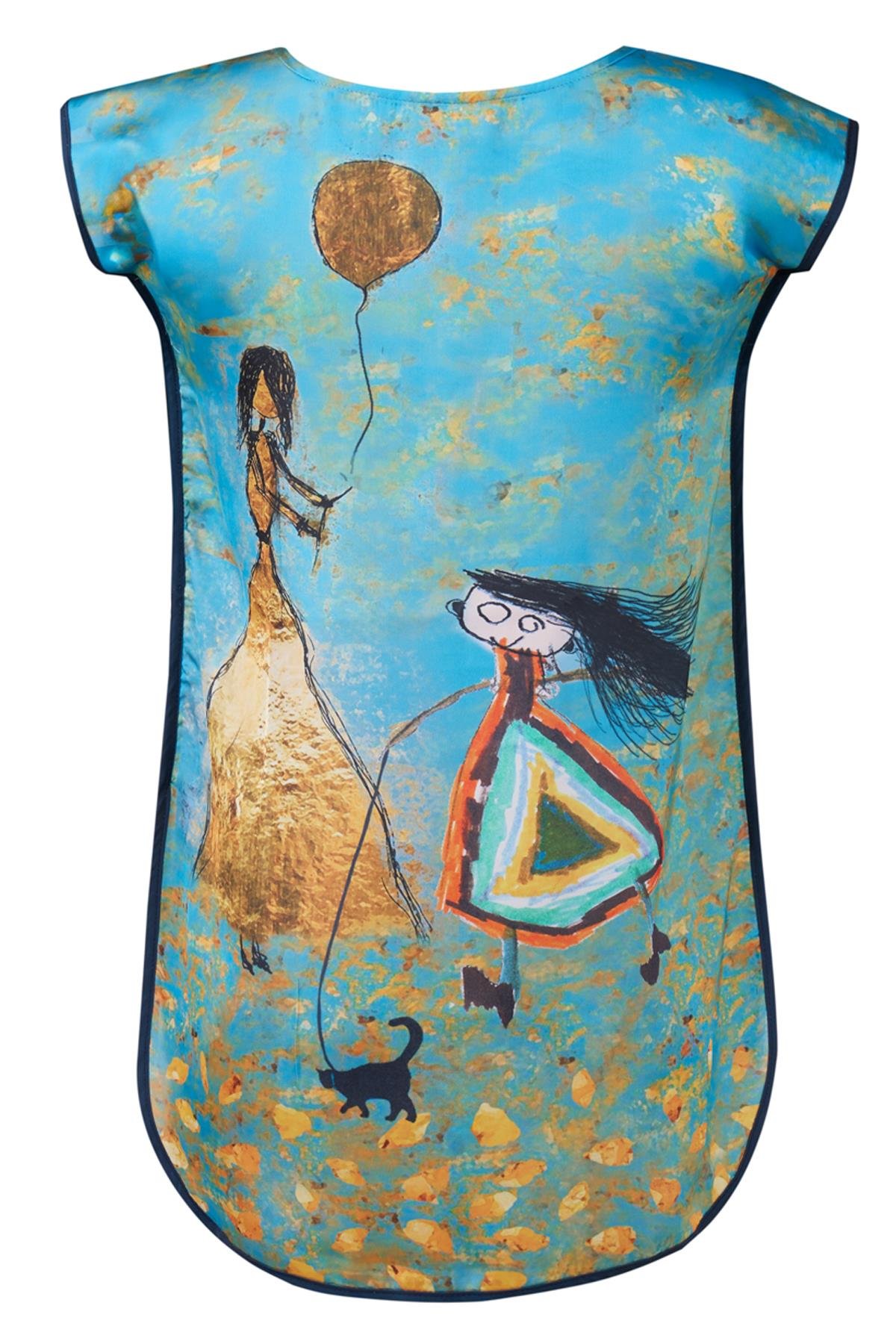 Peraluna JOY GIRL DRESS Anne-Kız Çocuk Baskılı Saten Kız Çocuk Elbise - Turkuaz