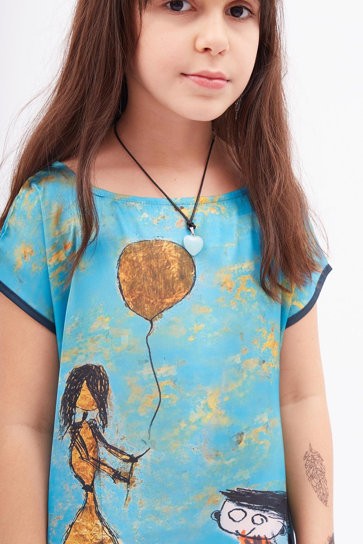 Peraluna JOY GIRL DRESS Anne-Kız Çocuk Baskılı Saten Kız Çocuk Elbise - Turkuaz