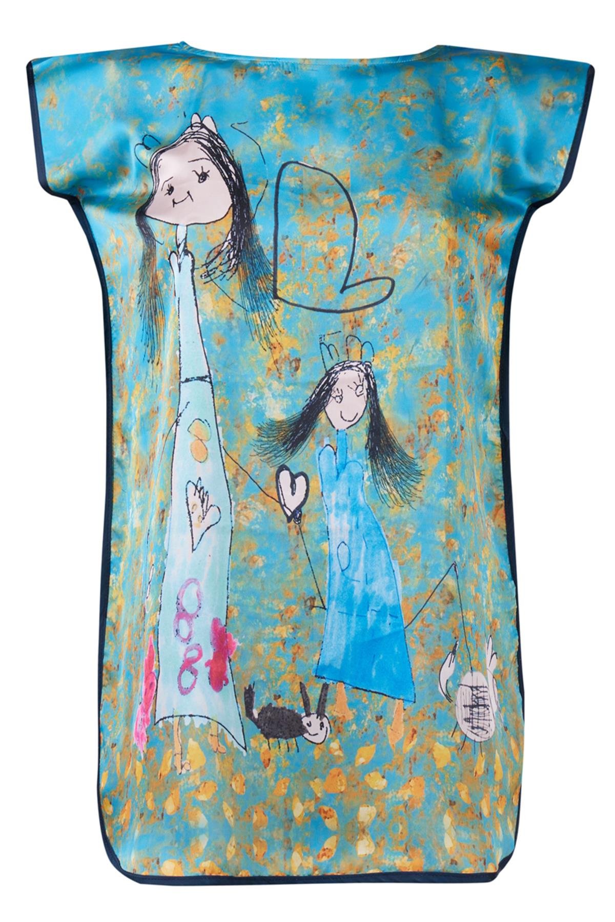 Peraluna JOY GIRL DRESS Anne-Kız Çocuk Baskılı Saten Kız Çocuk Elbise - Turkuaz