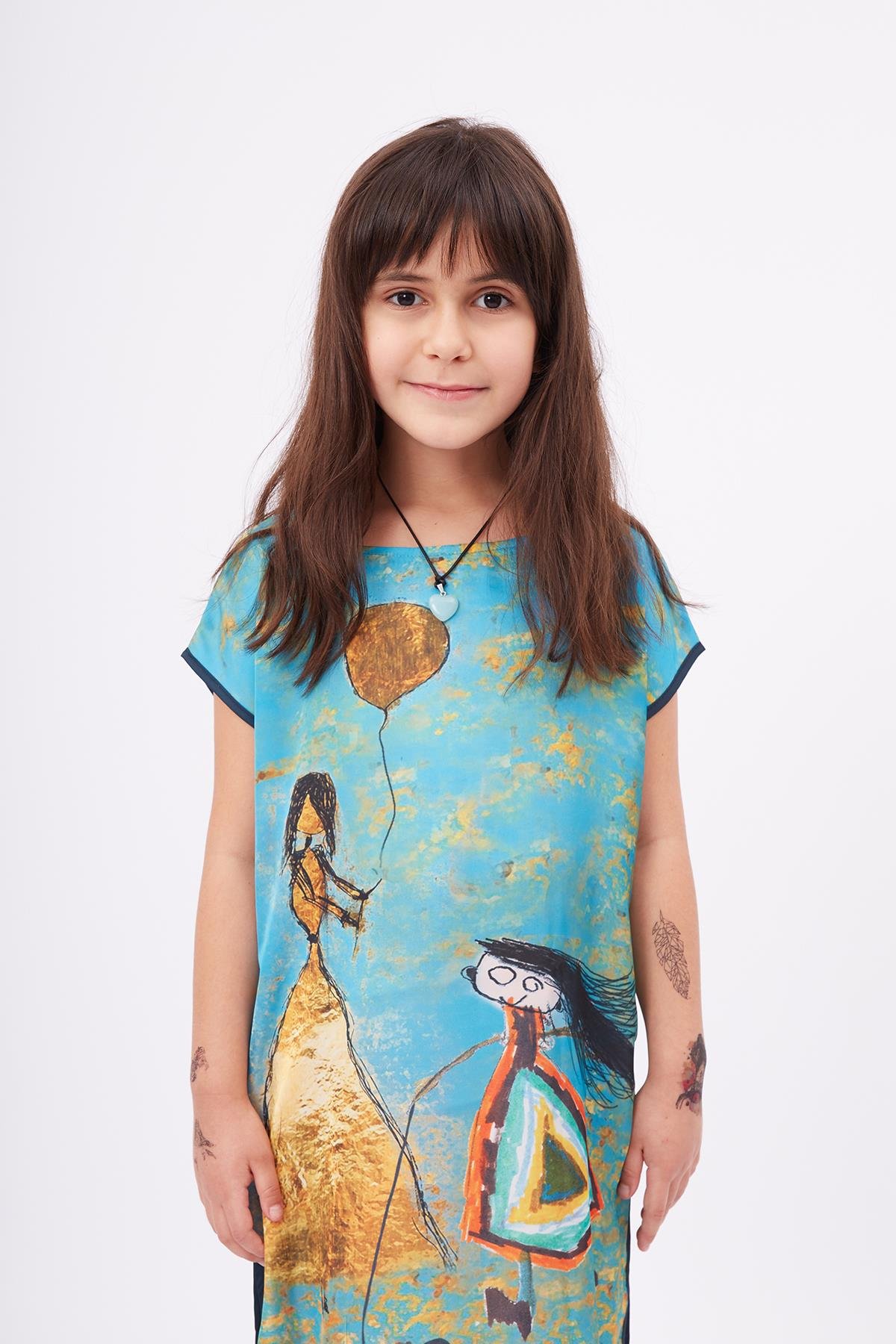 Peraluna JOY GIRL DRESS Anne-Kız Çocuk Baskılı Saten Kız Çocuk Elbise - Turkuaz