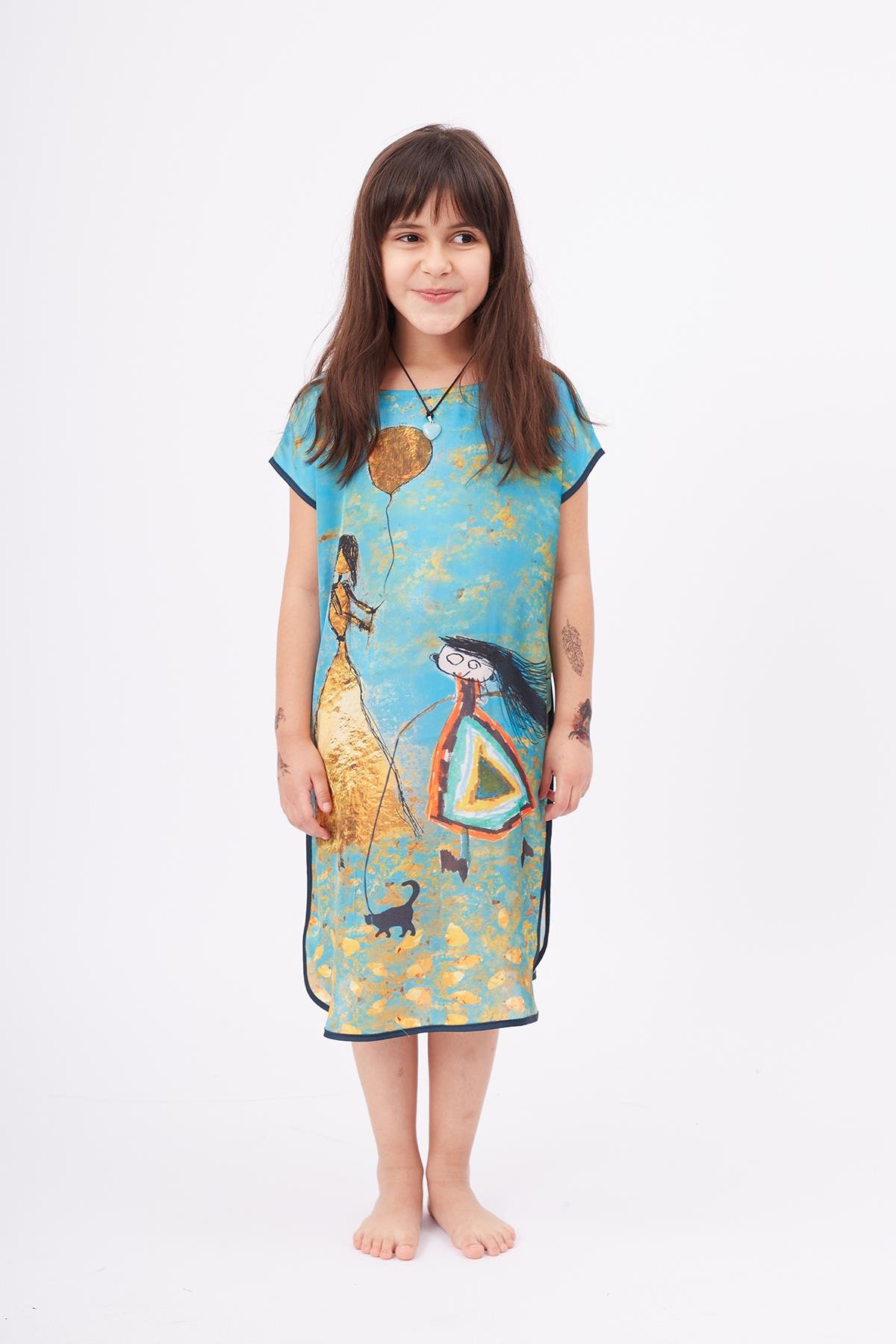 Peraluna JOY GIRL DRESS Anne-Kız Çocuk Baskılı Saten Kız Çocuk Elbise - Turkuaz