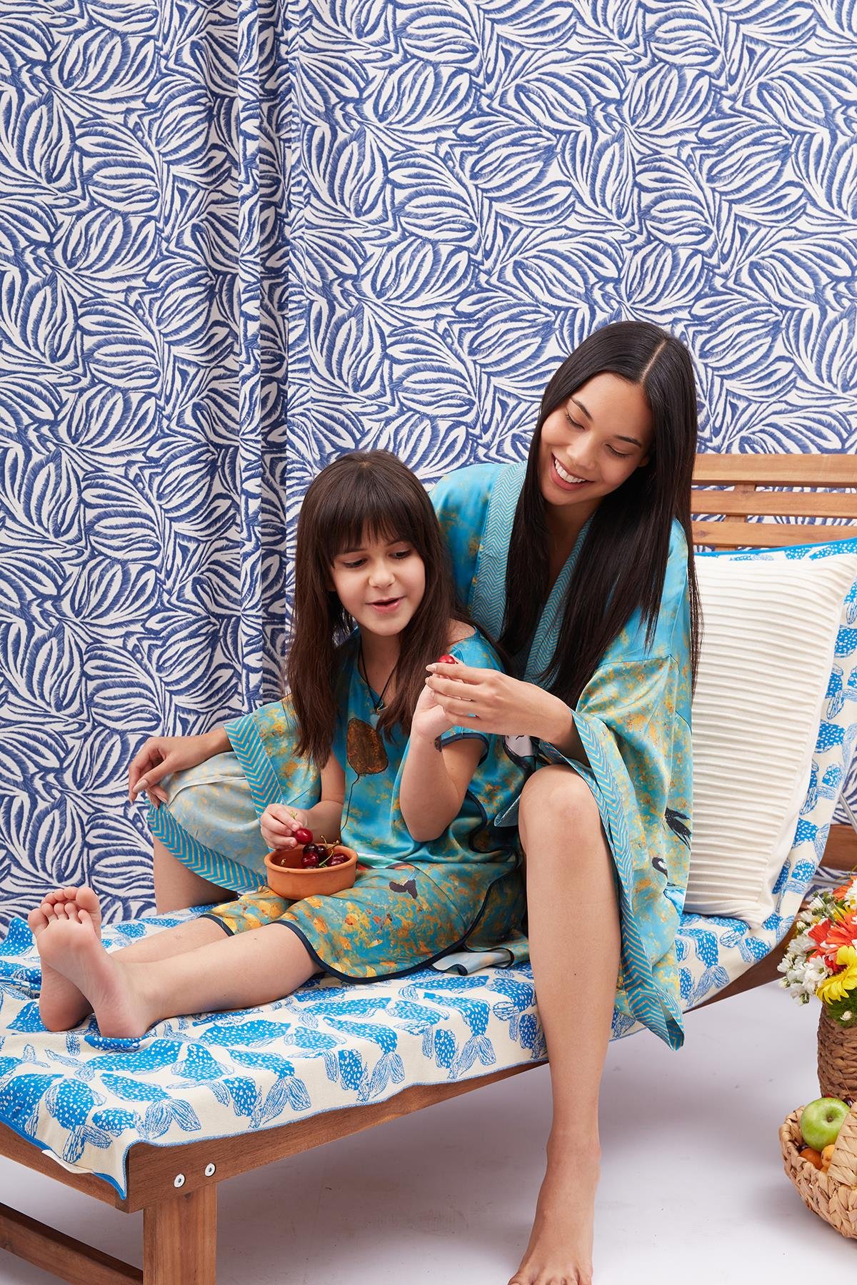 Peraluna JOY GIRL DRESS Anne-Kız Çocuk Baskılı Saten Kız Çocuk Elbise - Turkuaz