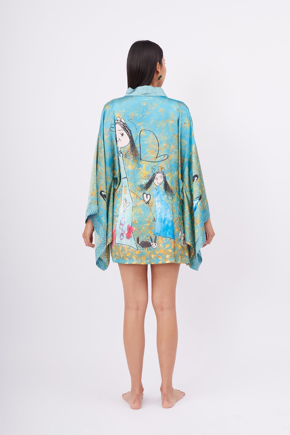 Peraluna JOY SHORT KIMONO Anne-Çocuk Baskılı 80 CM Kısa Saten Kadın Kimono - Turkuaz