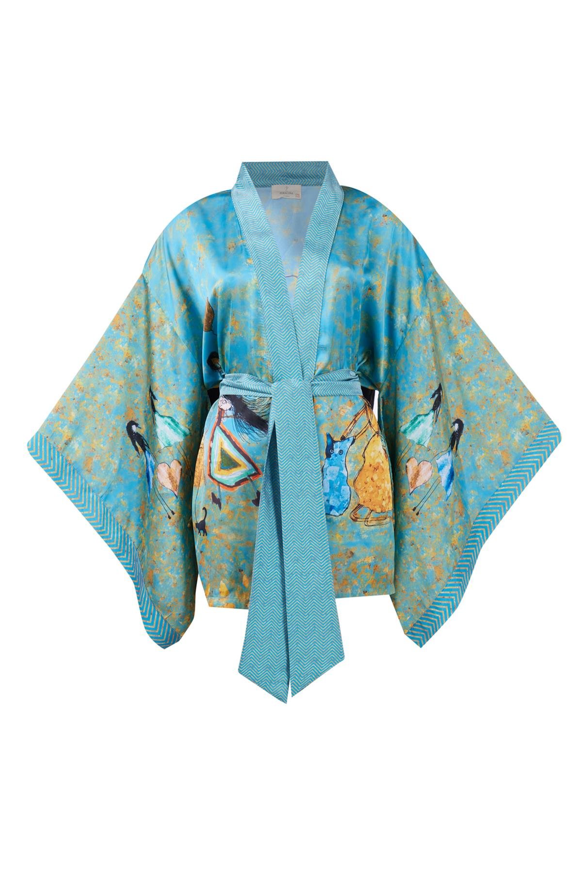 Peraluna JOY SHORT KIMONO Anne-Çocuk Baskılı 80 CM Kısa Saten Kadın Kimono - Turkuaz