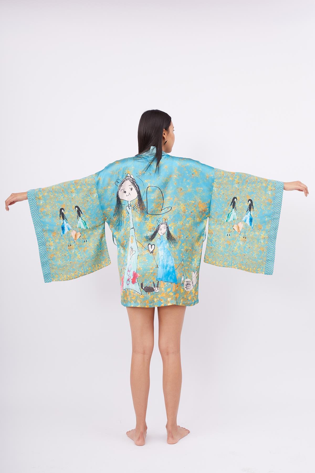 Peraluna JOY SHORT KIMONO Anne-Çocuk Baskılı 80 CM Kısa Saten Kadın Kimono - Turkuaz