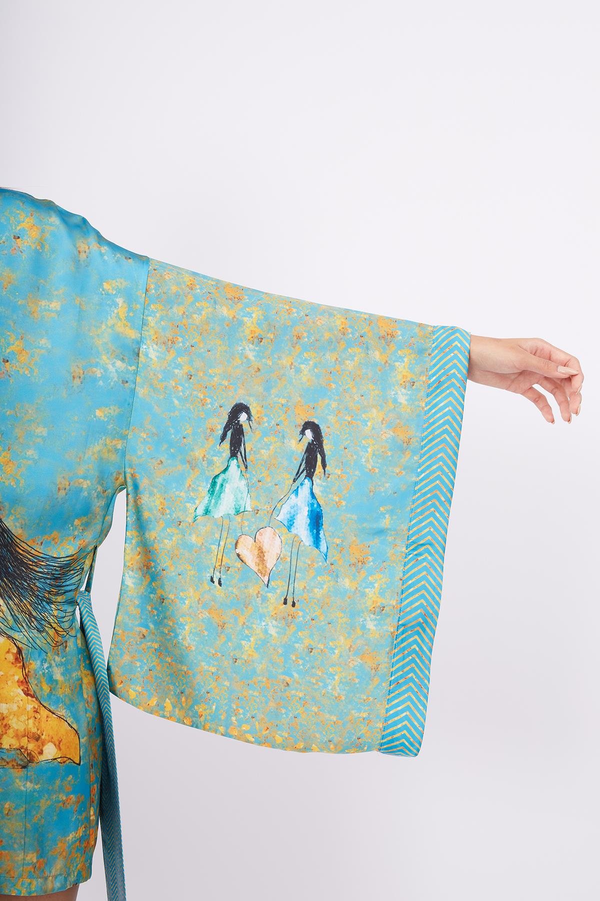 Peraluna JOY SHORT KIMONO Anne-Çocuk Baskılı 80 CM Kısa Saten Kadın Kimono - Turkuaz