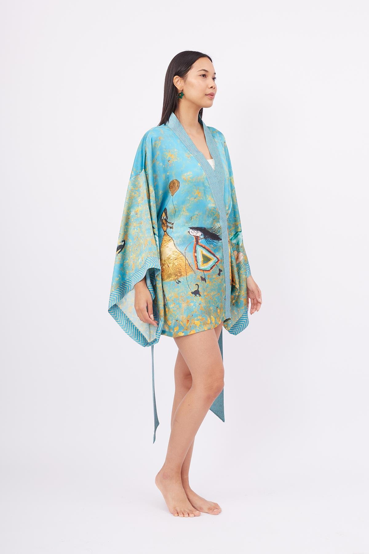 Peraluna JOY SHORT KIMONO Anne-Çocuk Baskılı 80 CM Kısa Saten Kadın Kimono - Turkuaz