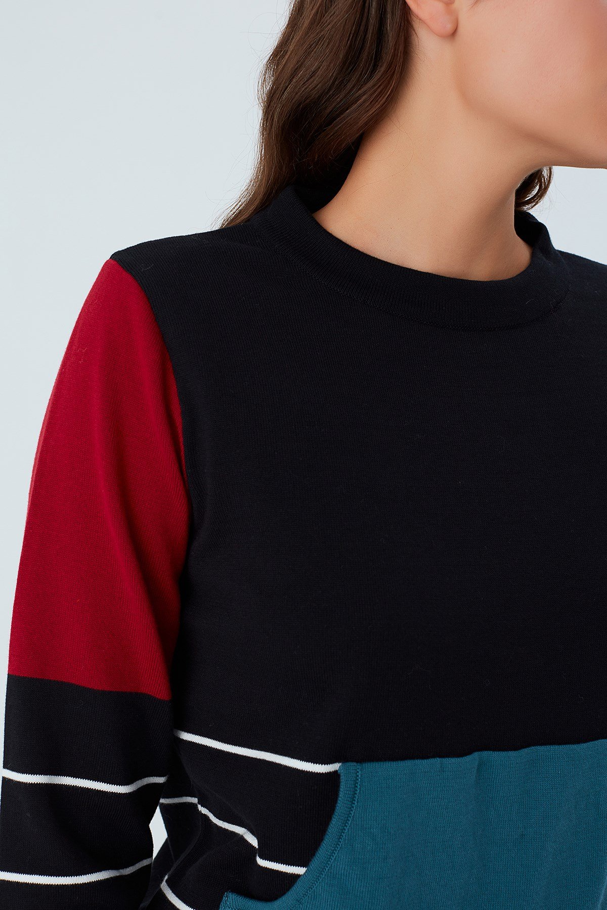 Peraluna JUNE PULLOVER %100 Pamuk Çizgili Kangru Cepli Kadın Triko Kazak Siyah