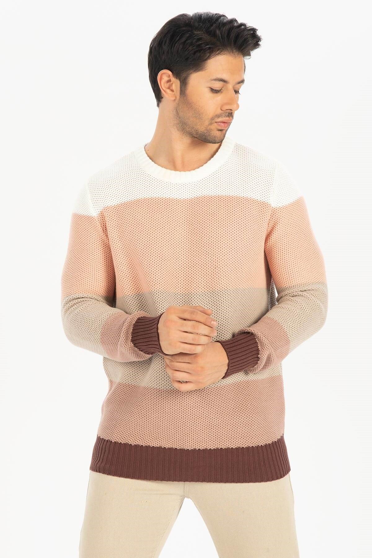 Peraluna Kahve Rengi Geçişli Bisiklet Yaka Erkek Triko Kazak