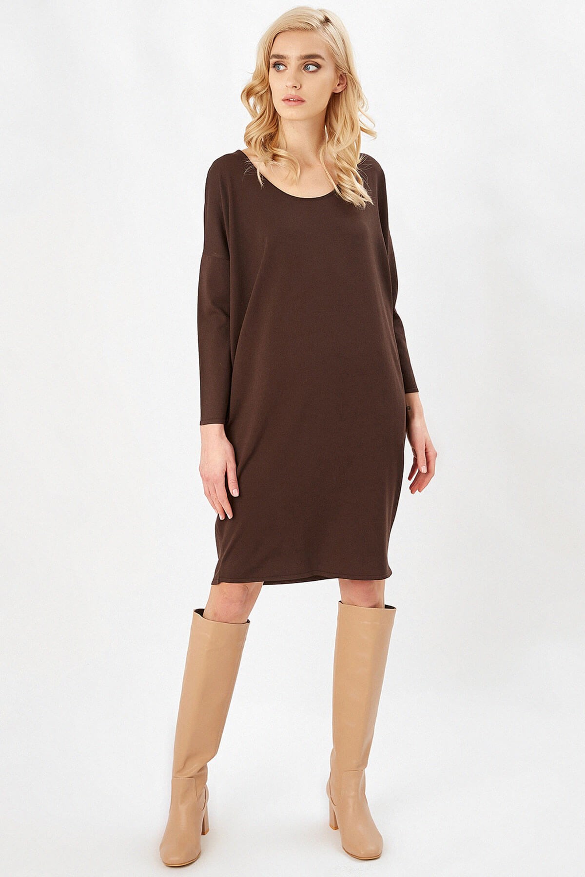Peraluna 3/4 Sleeve Women's Knitwear Balloon Dress - Brown