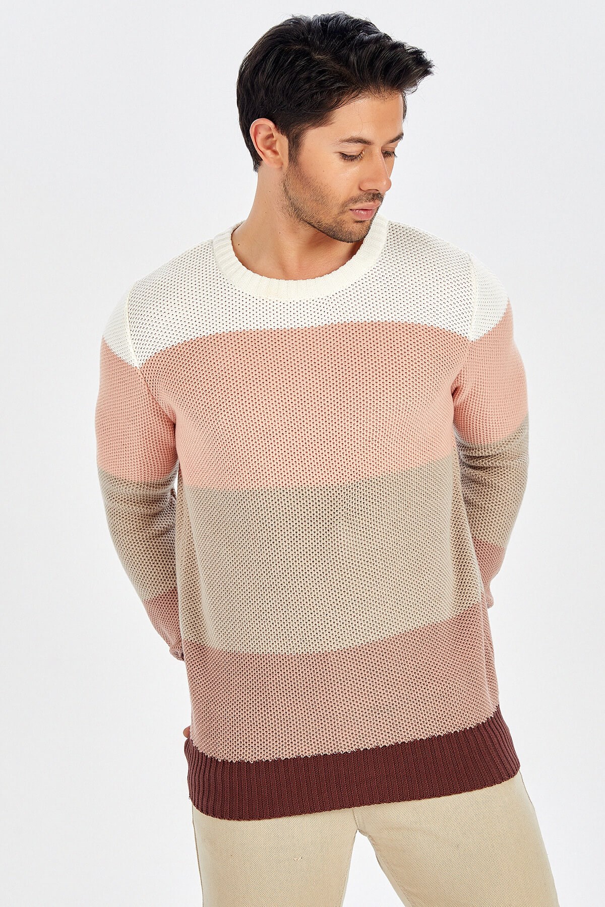 Peraluna Kahverengi Geçişli Bisiklet Yaka Erkek Triko Kazak