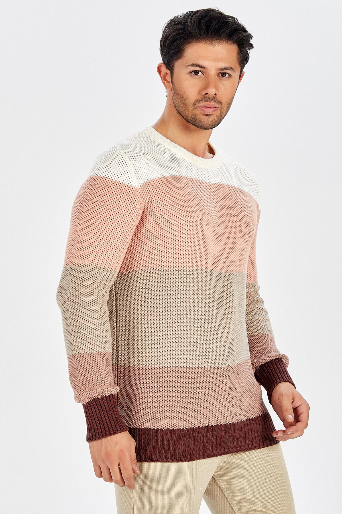 Peraluna Kahverengi Geçişli Bisiklet Yaka Erkek Triko Kazak