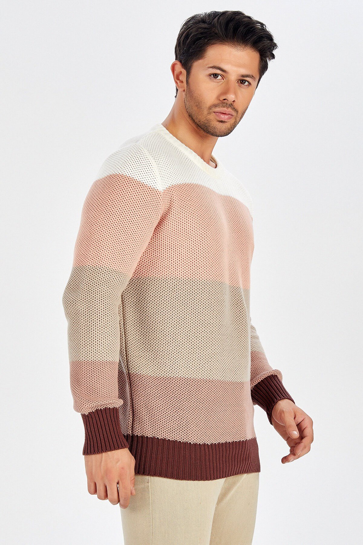 Peraluna Kahverengi Geçişli Bisiklet Yaka Erkek Triko Kazak