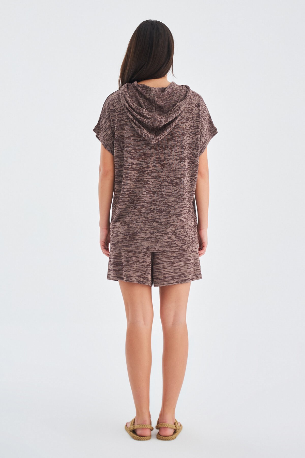 Peraluna KAIRA BLOUSE & SHORTS Kapşonlu Yazlık Kadın Triko Şort Takım Kahve Melanj
