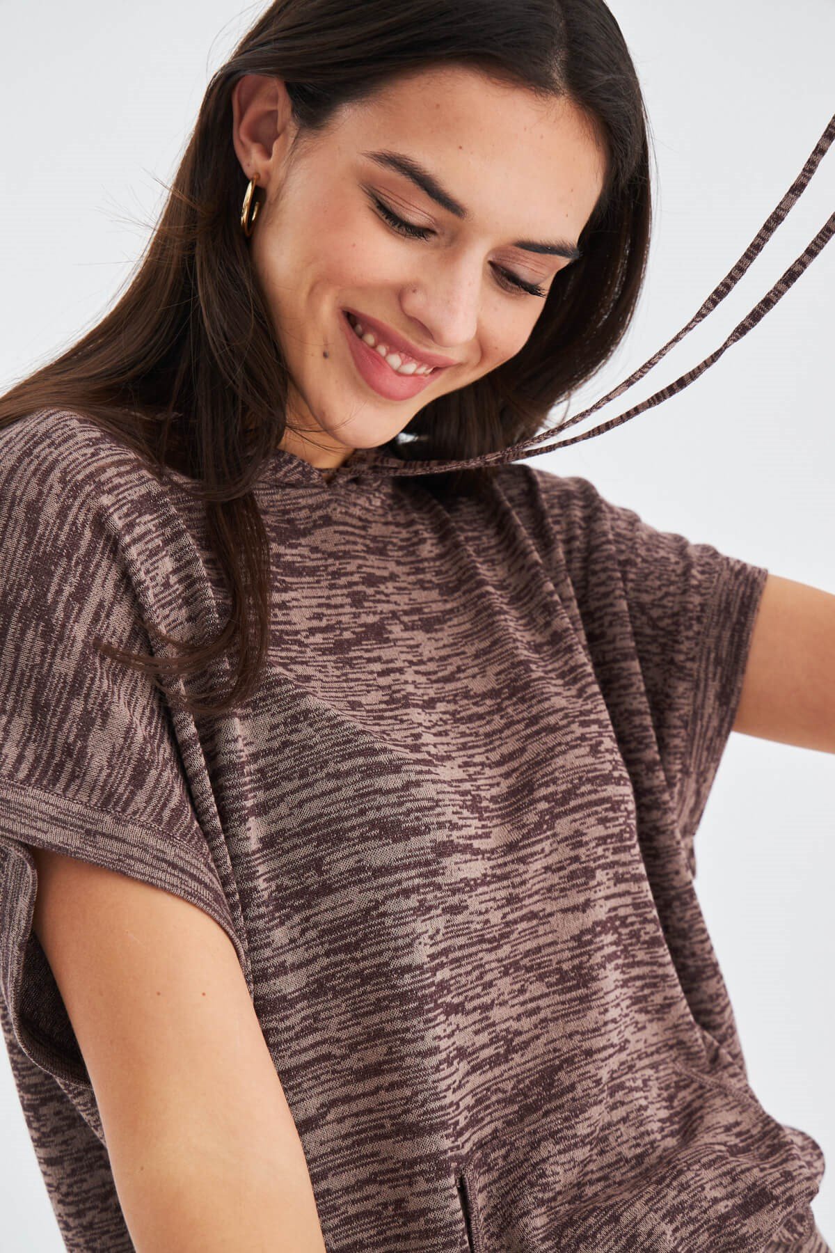 Peraluna KAIRA BLOUSE & SHORTS Kapşonlu Yazlık Kadın Triko Şort Takım Kahve Melanj