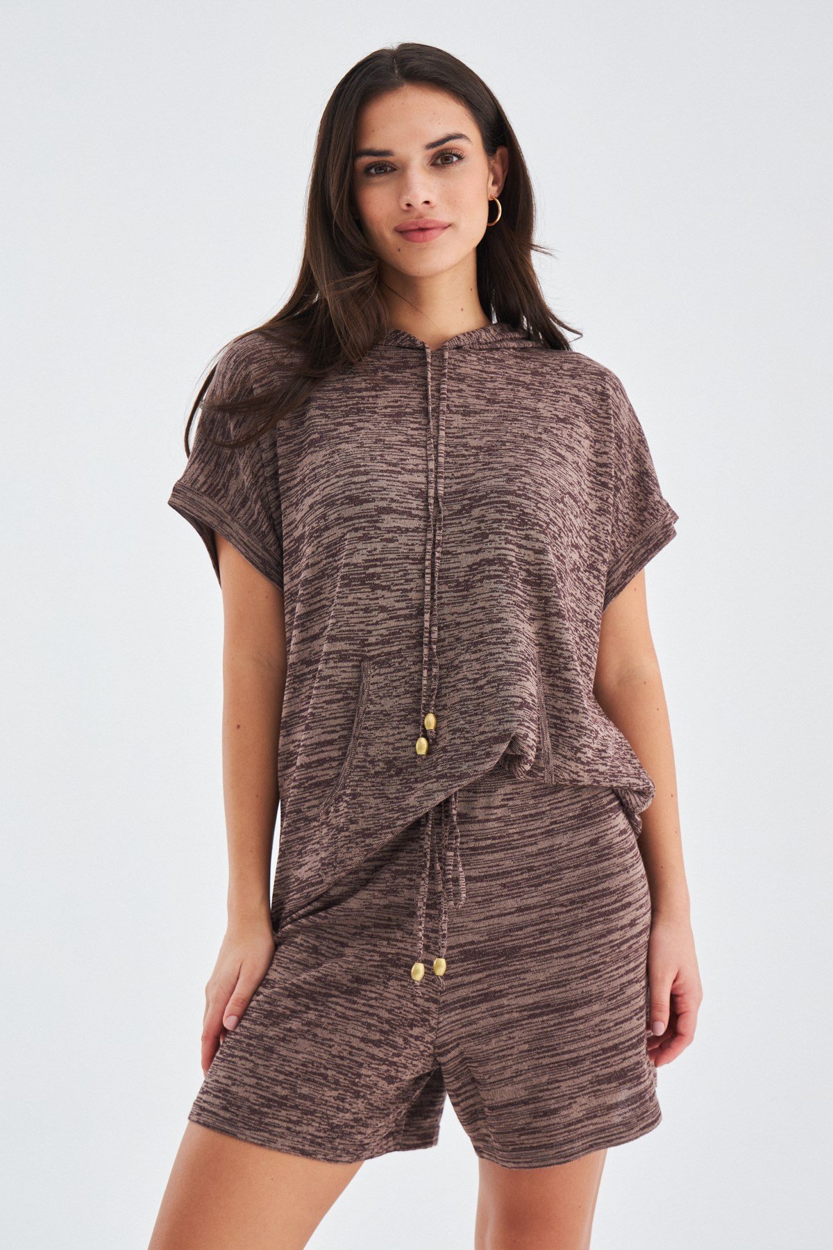 Peraluna KAIRA BLOUSE & SHORTS Kapşonlu Yazlık Kadın Triko Şort Takım Kahve Melanj