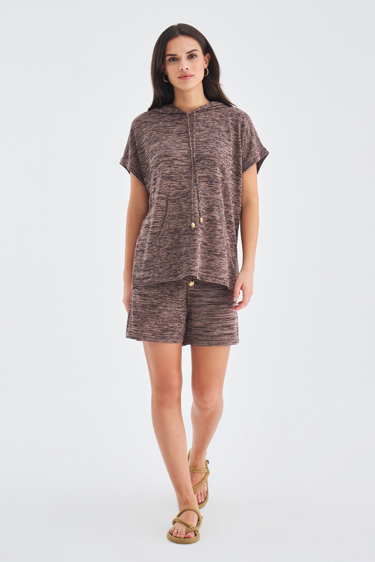 Peraluna KAIRA BLOUSE & SHORTS Kapşonlu Yazlık Kadın Triko Şort Takım Kahve Melanj