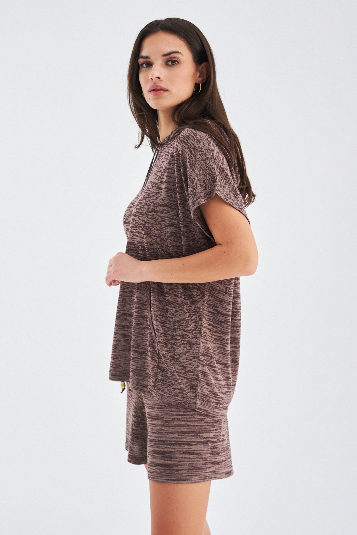 Peraluna KAIRA BLOUSE & SHORTS Kapşonlu Yazlık Kadın Triko Şort Takım Kahve Melanj