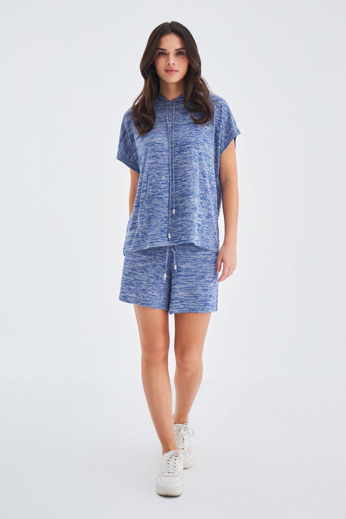 Peraluna KAIRA BLOUSE & SHORTS Hooded Dappled Women's Knitwear Shorts Set - Indigo