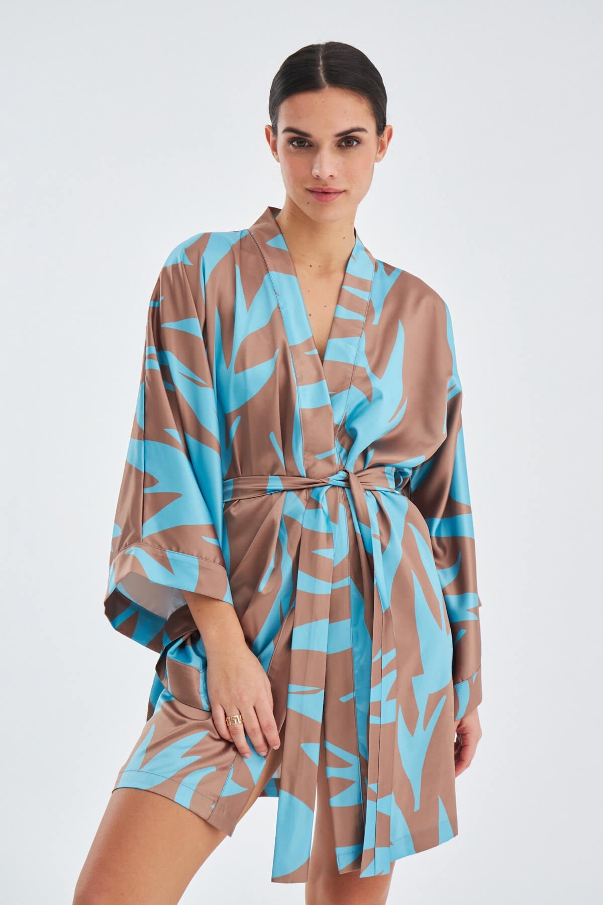 Peraluna KALİNDA Desenli 90 CM Saten Yazlık Kadın Kimono Turkuaz/Kahve