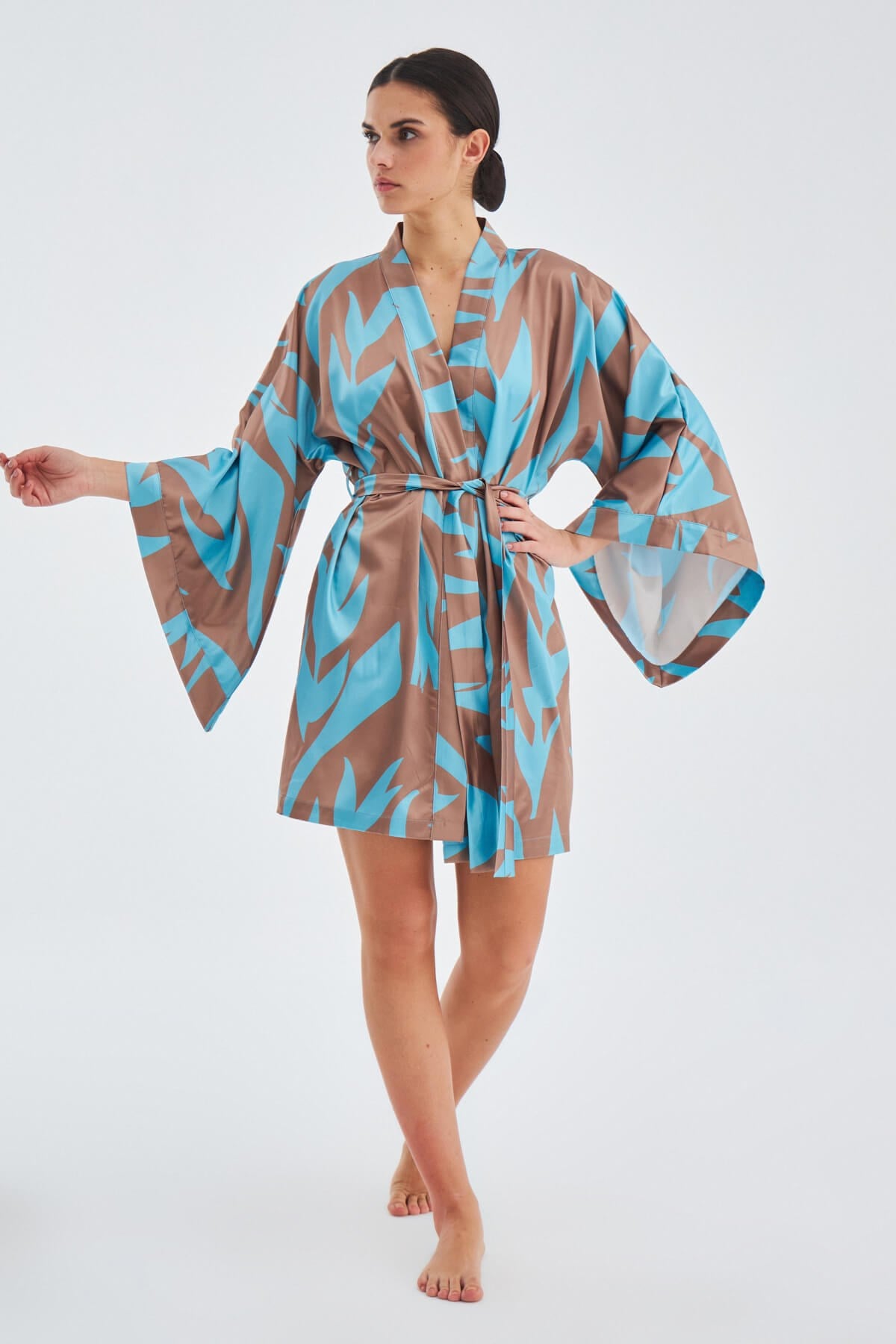 Peraluna KALİNDA Desenli 90 CM Saten Yazlık Kadın Kimono Turkuaz/Kahve
