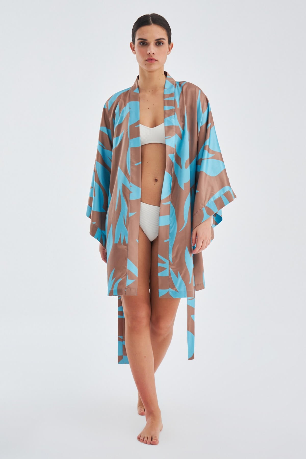 Peraluna KALİNDA Desenli 90 CM Saten Yazlık Kadın Kimono Turkuaz/Kahve