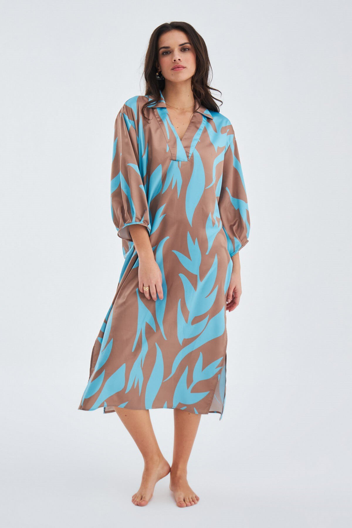 Peraluna KALINDA DRESS Loose Cut Satin Women's Summer Dress - Turquoise/Brown