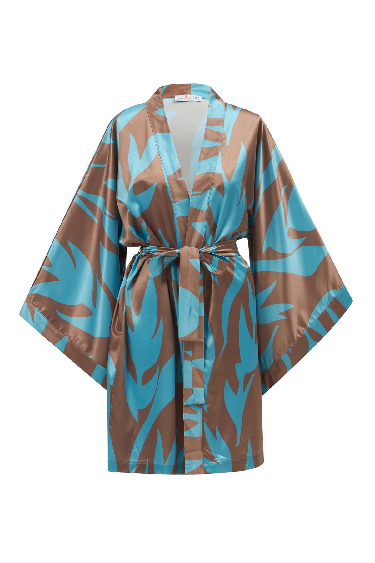 Peraluna KALİNDA KIMONO Desenli 90 CM Saten Yazlık Kadın Kimono Turkuaz/Kahve